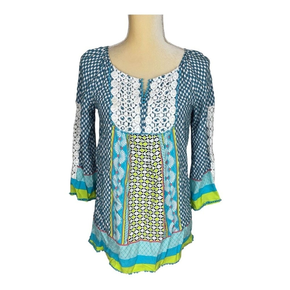 Crown &‎ Ivy Blue Tunic Boho with Crochet Size XS Festival Bohemian
